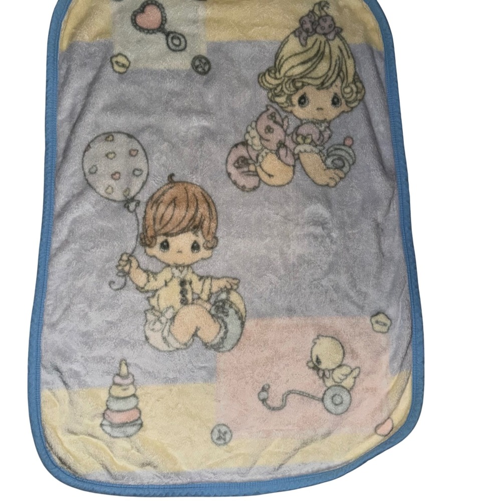 Precious Moments Baby Blanket Blue Yellow Grey Fleece Character Nursery 2002